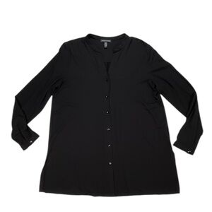 Eileen Fisher S/P Black 93% Tercel 7% Spandex Button‎ Up Collarless Top